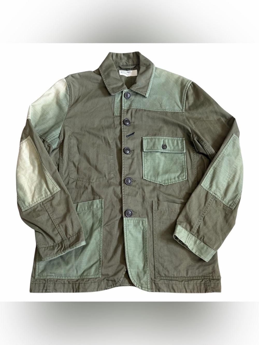 Universal Works Men’s Patched Mill Bakers Jacket Sz M Olive Sun Faded Arm READ